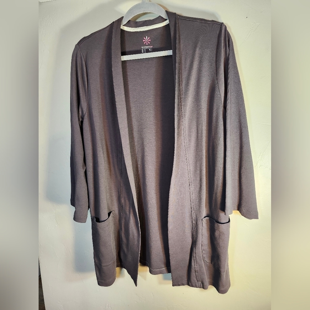 Isaac Mizrahi Women's Grey 100 % Cotton Open Front with Pockets Cardigan M